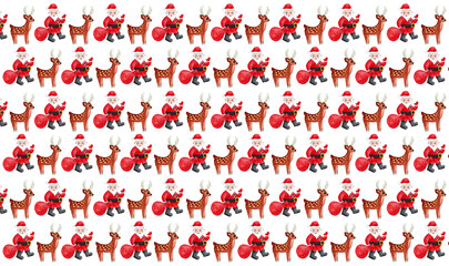 Pattern of stylized illustrations of Santa Claus and reindeer. Santa walks in profile, pulls a bag of gifts, faces us, waves to us. Deer in profile. White background. Watercolor. Wrapping paper.