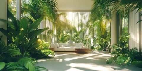 Fototapeta premium Sunlit tropical living room with lush greenery and white sofa.