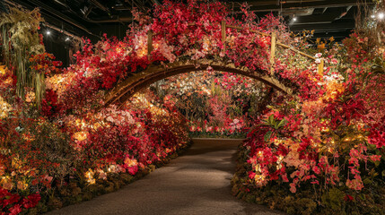 stunning bridge made of vines and vibrant blossoms, leading through floral wonderland filled with colorful flowers and soft lighting, creating magical atmosphere