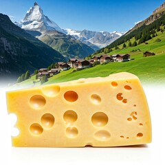 Isolated Wedge of Swiss Cheese with Large Holes with Alpine Farm Background Close Up.