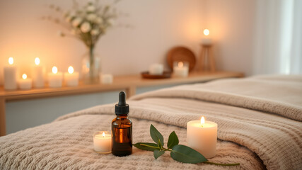 A peaceful spa scene with essential oil, candles, and soft lighting, inviting relaxation and rejuvenation