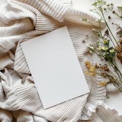 blank white card flat lay mockup minimalist, boho neutral tones . ai generated