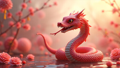 Fototapeta premium Chinese new year of the snake design with snake and flowers backgroun