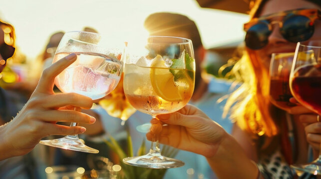 Sunlit toast with friends, capturing the essence of summer vibes and sparkling moments