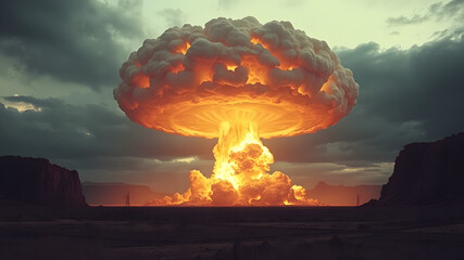A powerful nuclear explosion erupts, sending a mushroom cloud into the sky, a stark reminder of the destructive power of atomic weapons