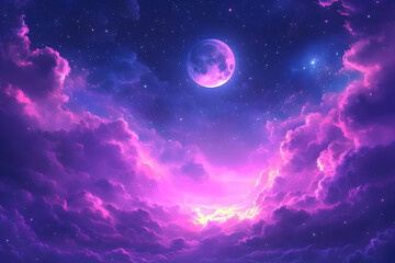 Obraz premium Illustration - Pink Moon and Clouds Nightscape