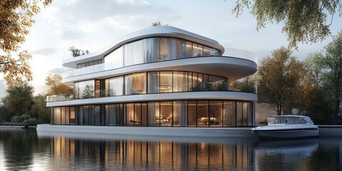 Modern, curved house on water with a boat in front of it.