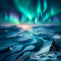 Fototapeta premium Mesmerizing Aurora Borealis over a Frozen River Valley