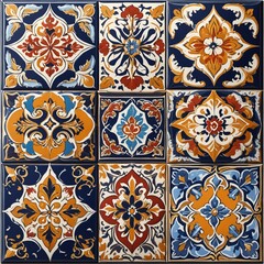 Brightly colored tiles with traditional patterns. Arranged neatly on the wall, each tile is painted with a unique design