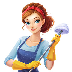 Portrait of young cleaner woman holding plastic wiper and detergent bottle looking at camera