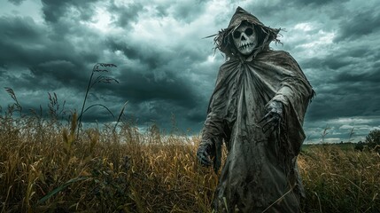 Fototapeta premium Sinister scarecrow with a weathered, stitched face and torn cloak, standing tall in a stormy, overgrown field.