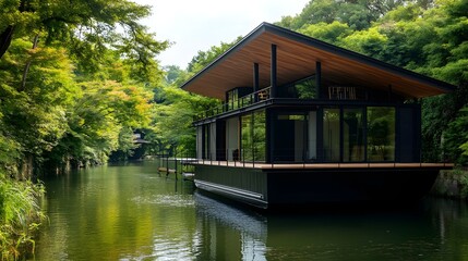 Obraz premium A modern houseboat with a rooftop terrace, anchored on a calm river surrounded by lush greenery, ideal for serene, water-inspired settings