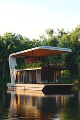 A modern houseboat with a rooftop terrace, anchored on a calm river surrounded by lush greenery, ideal for serene, water-inspired settings