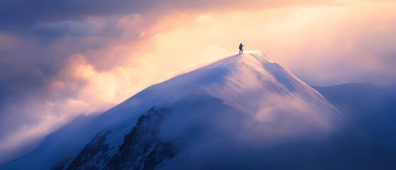 Solitary hiker on snow-capped mountain peak at sunrise, surrounded by clouds, capturing the essence of adventure and tranquility in natures beauty.