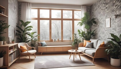 Scandinavian living room interior design zoom background,Doodle patterned wallpaper graphics