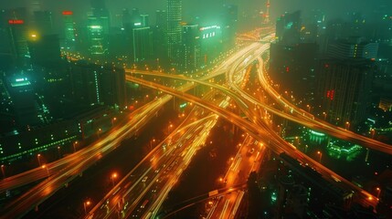 Nighttime Cityscape with Intersecting Highways and Blurred Lights