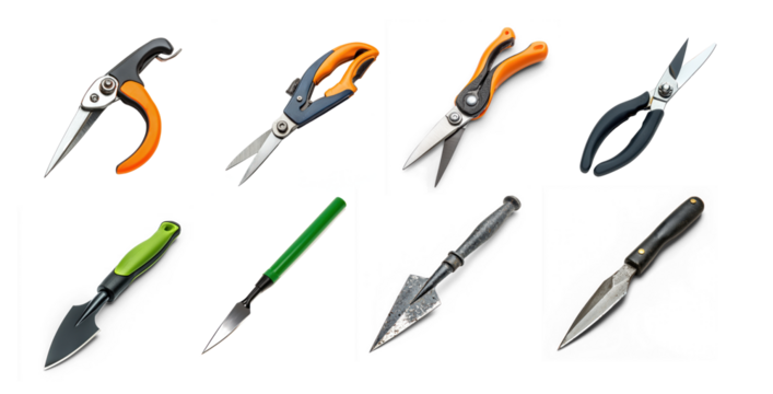 Collection of Pruning shears with sharp blades and ergonomic handles. isolated on transparent background