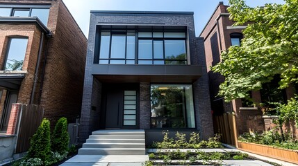 Obraz premium A modern townhouse with a dark brick exterior, large industrial-style windows, and minimalist landscaping, located in a bustling urban neighborhood