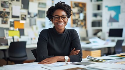 A candid shot of an architect smiling while working in their office, surrounded by design materials