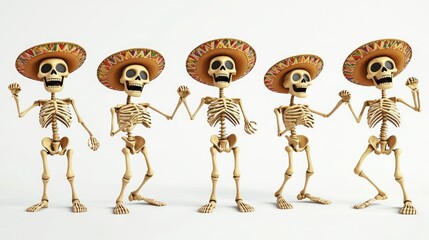 A cheerful 3D skeleton character in a sombrero, striking different celebratory poses with a white background.