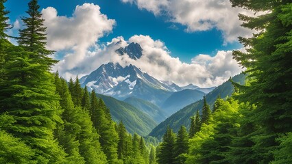 View of green and lush mountains with misty clouds in the blue sky