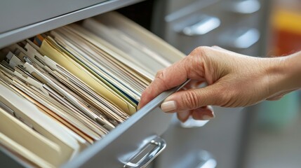 Fototapeta premium A close-up of a hand pulling out a file from a metal filing cabinet, emphasizing organization