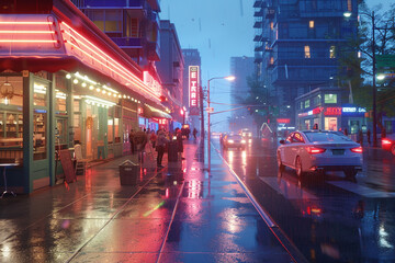 Busy street illuminated by neon lights on a rainy night