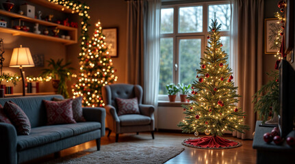 A warmly lit Christmas tree decorated with golden ornaments and candles, creating a cozy, festive atmosphere. Set in a peaceful room or church, the glow enhances the holiday spirit