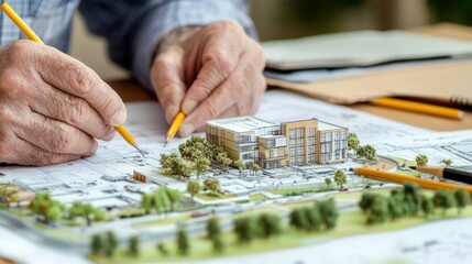 Obraz premium A close-up of an architect's hands working on a detailed building model with various materials