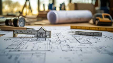 A close-up of detailed blueprints spread out on a table, with architectural tools and measuring devices nearby