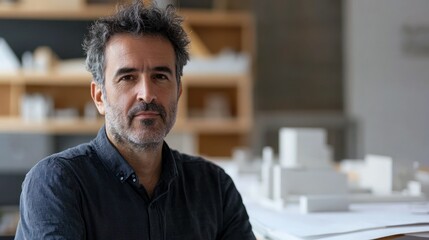 A close-up portrait of an architect in their workspace, with blueprints and models in the background