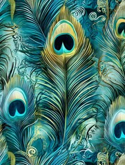 A pattern of peacock feathers in shades of blue, green, and turquoise, with intricate details and a luxurious look.