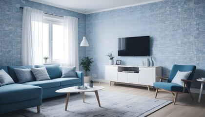 Scandinavian living room interior design zoom background,Doodle patterned wallpaper graphics