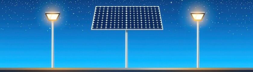 Renewable Energy Investment Trends Concept. A solar panel stands between two street lamps, set against a blue sky, symbolizing sustainable energy and eco-friendly lighting solutions