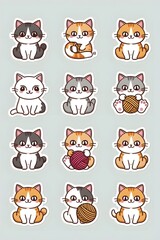 Fototapeta premium Cute Cartoon Cat Stickers: A Collection of Adorable Feline Illustrations for Pet Lovers