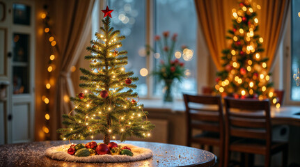 A warmly lit Christmas tree decorated with golden ornaments and candles, creating a cozy, festive atmosphere. Set in a peaceful room or church, the glow enhances the holiday spirit