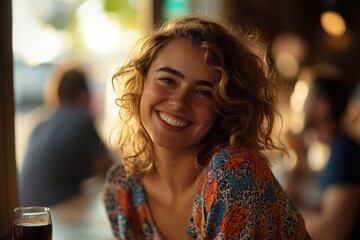 Obraz premium Cheerful young woman with curly hair smiling warmly at a cafÃ©, enjoying a drink, with a lively social atmosphere in the background.