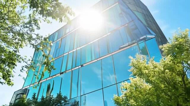 A modern glass building reflecting sunlight, symbolizing innovation and contemporary architecture. Ideal for corporate and urban themes.