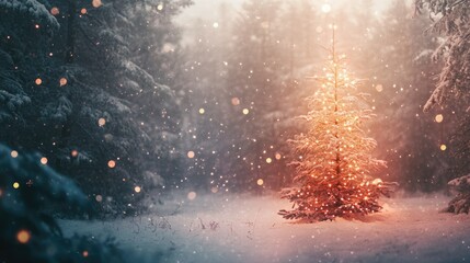 Magical winter forest with a glowing Christmas tree