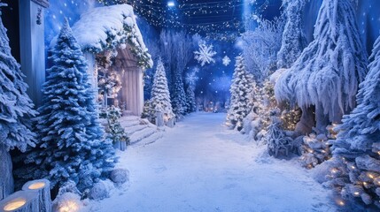 Winter wonderland with snow-covered trees and decorations