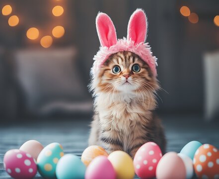 A cheerful bunny-costumed cat surrounded by colorful Easter eggs indoors, celebrating the playful spirit of spring