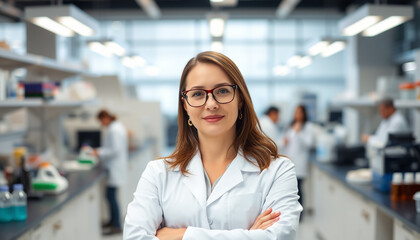 Fototapeta premium A young Woman in White Coat and Glasses Standing in Medical Science Laboratory Team of Specialists in the Background. 
