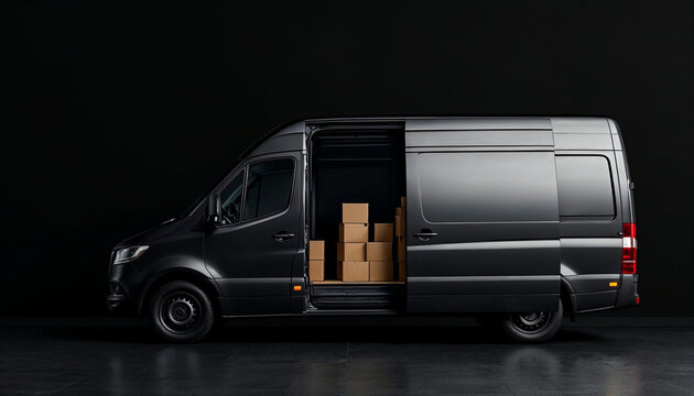 Sleek black delivery van with ajar doors revealing packed boxes, in minimalist lighting.


