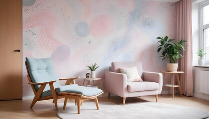 Fototapeta premium Scandinavian living room interior design zoom background,Doodle patterned wallpaper graphics