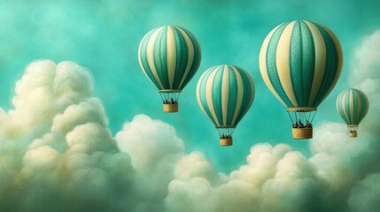 Fototapeta premium Hot air balloons float gracefully among fluffy clouds in a serene sky, AI