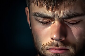 Obraz premium Close-Up Portrait of a Young Man with Eyes Closed, Expressing Emotion and Reflection in Soft Light, Highlighting Facial Features and Unique Textures in a Dark Background