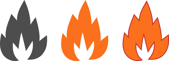 Set of cartoon orange fire, dark gray silhouette and orange fire with red icon color.