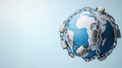 Blue globe locked with chains representing global safety.