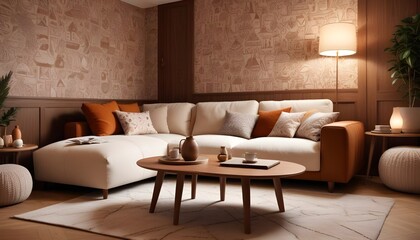 Scandinavian living room interior design zoom background,Doodle patterned wallpaper graphics