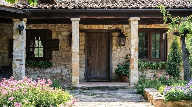 A rustic farmhouse with stone pillars, a blooming flower garden, and wide wooden doors, perfect for a picturesque countryside setting.